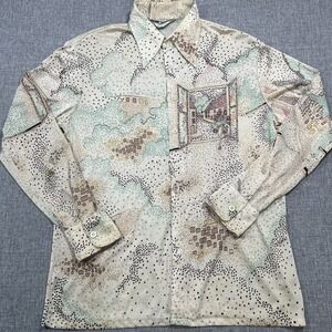 Vintage JP2 70s Novelty Scenic Print Shirt Artsy Europe Village Button Down AOP